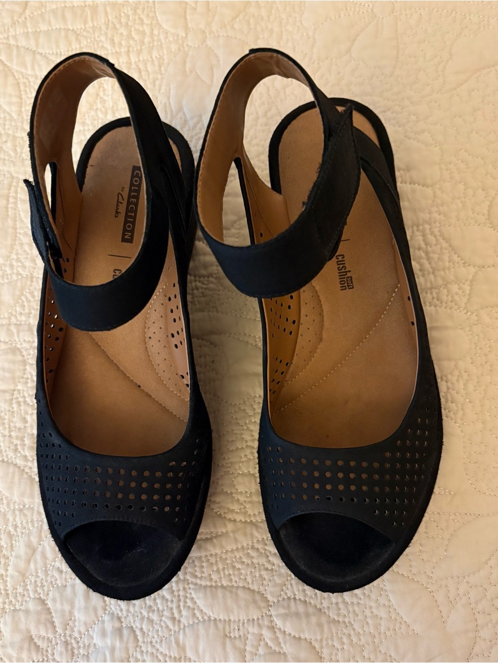 Clarks Black Perforated Slingback Wedges